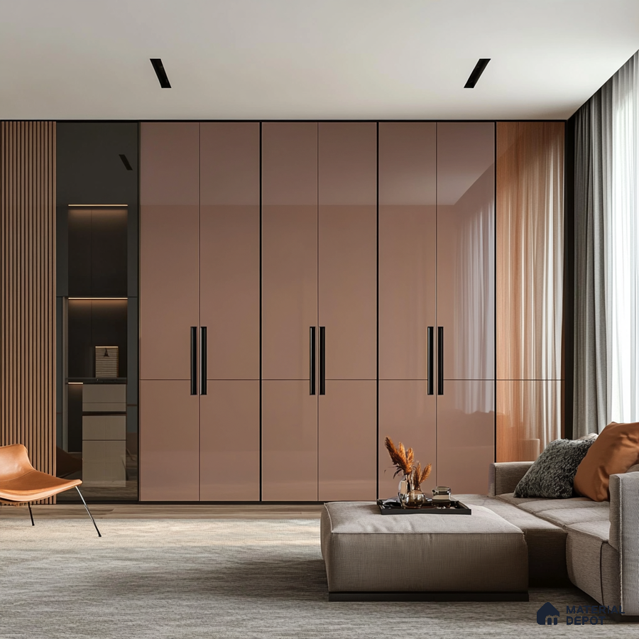 Sleek Sliding Wardrobe with Terracotta Gloss Laminate in Contemporary Bedroom | Material Depot