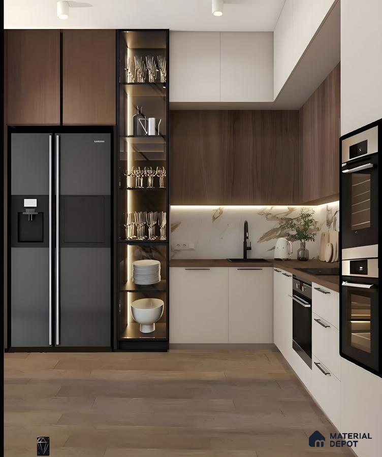 Sleek Sophistication: Matte Black Accents Meet Warm Wood In A Modern Display Kitchen | Material Depot