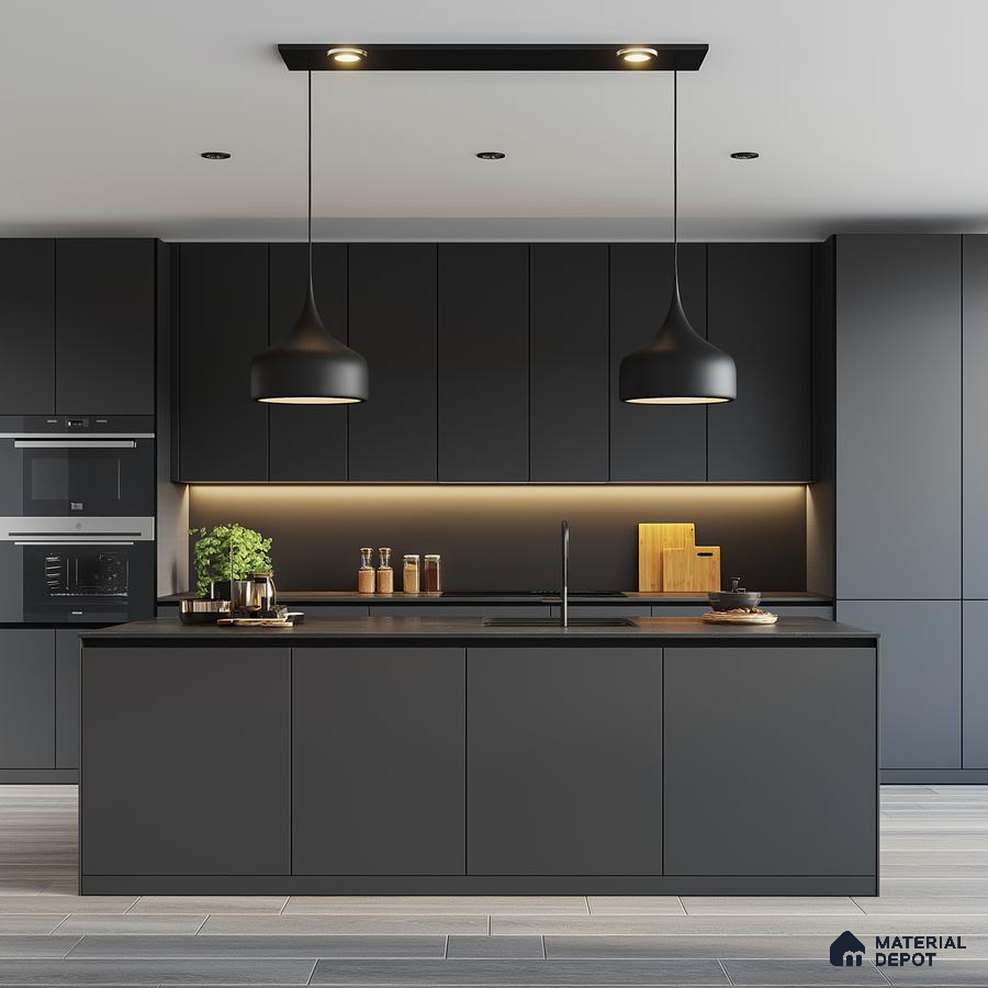 Sleek Sophistication: Modern Black Kitchen with Integrated Functionality and Stylish Accents | Material Depot