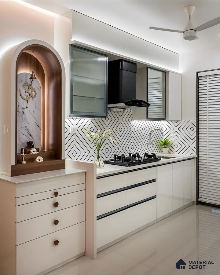 Sleek White Kitchen Featuring A Built-In Pooja Unit | Material Depot