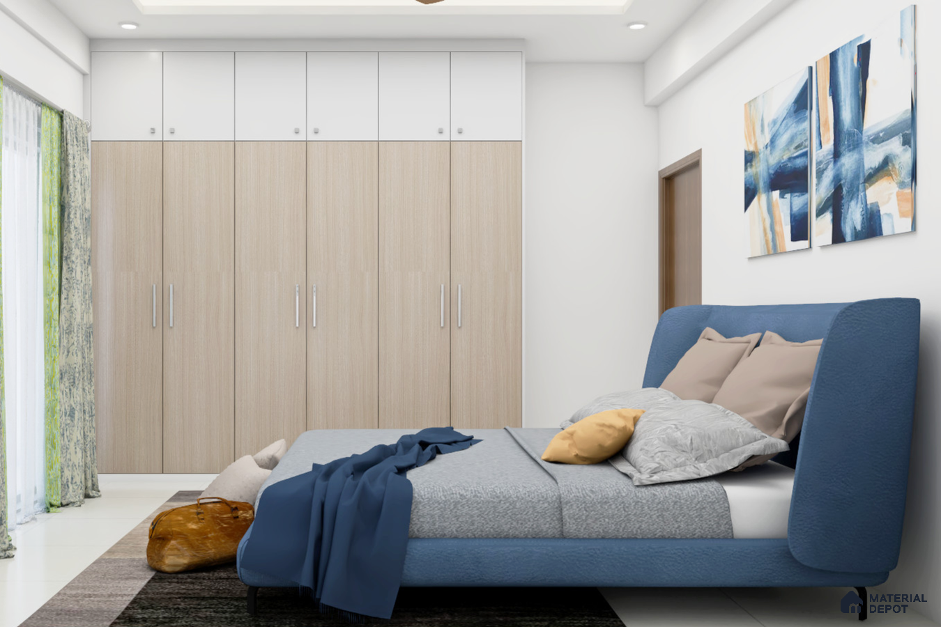 A white bedroom with a wooden wardrobe, a blue sofa bed with yellow and gray pillows, and a blue abstract painting on the wall