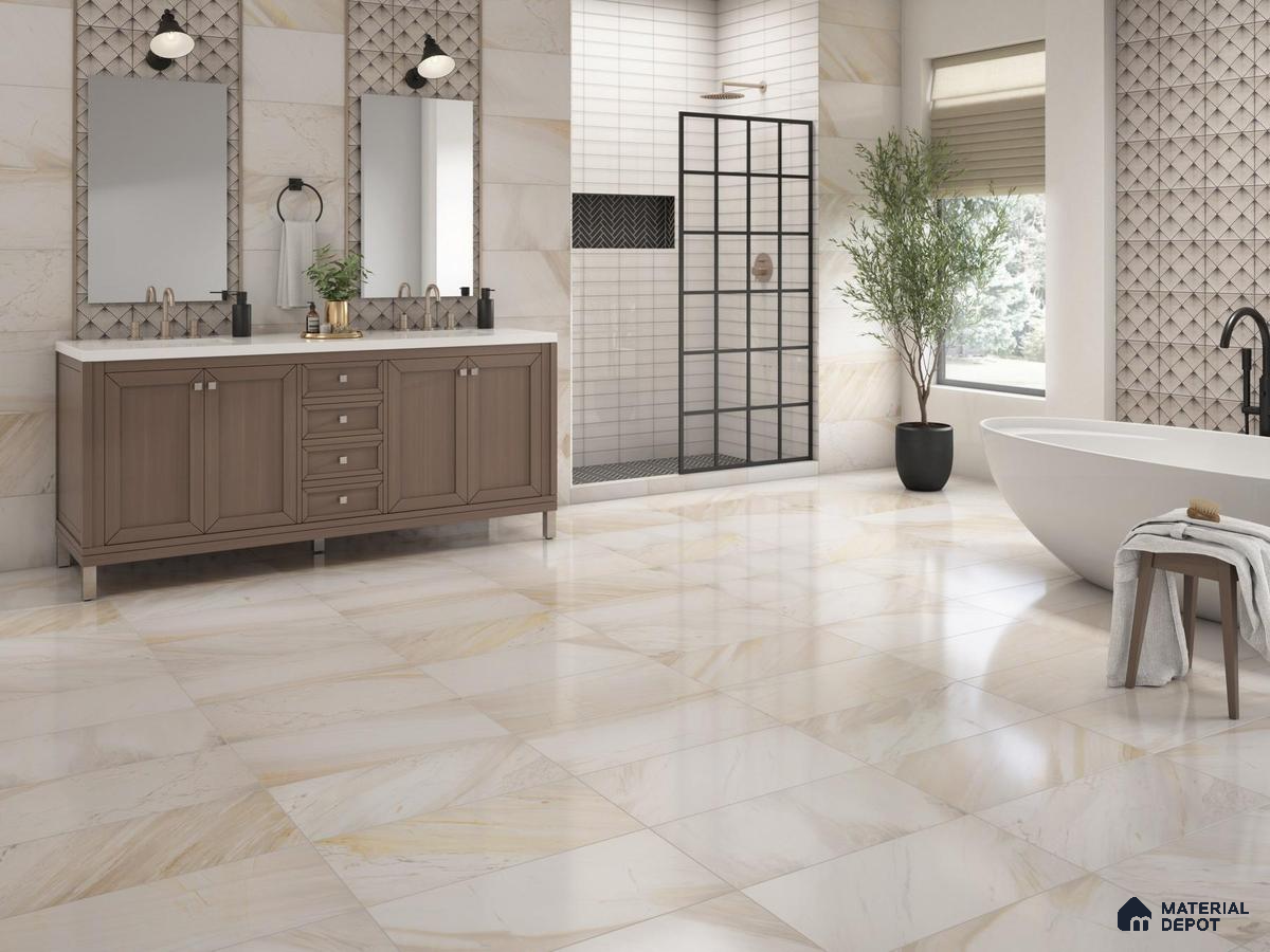 Bathroom with marble tiles and brown cabinet
