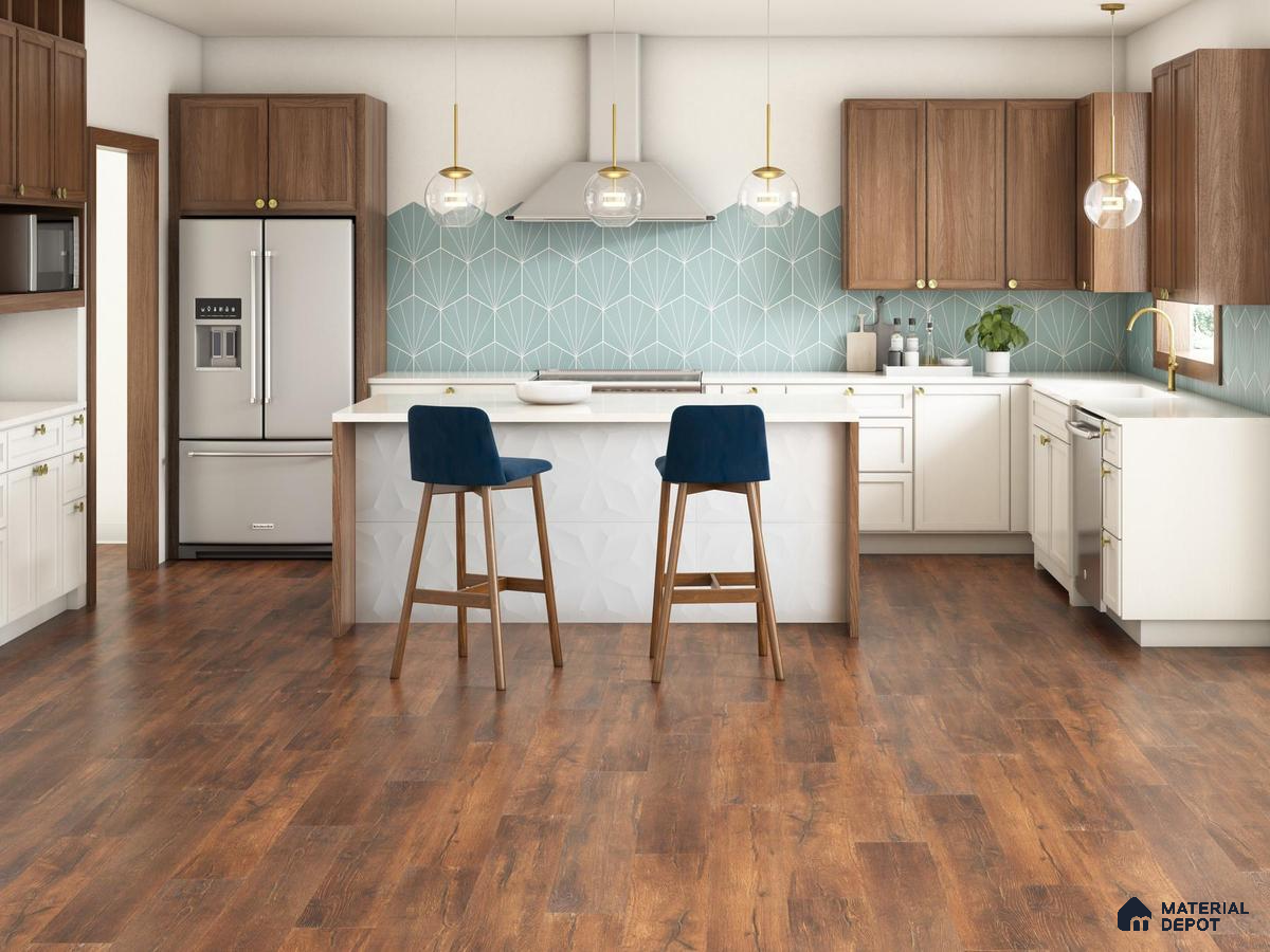 White and blue design tiles with dark wood flooring