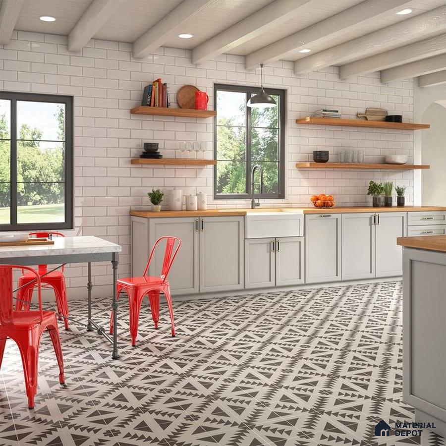 Designed floor tile and white wall tile kitchen