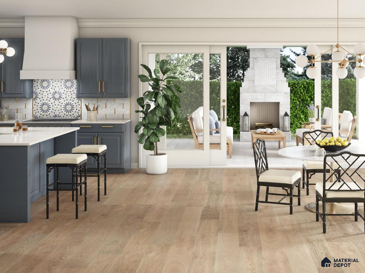 Kitchen and portico with patterned tiles