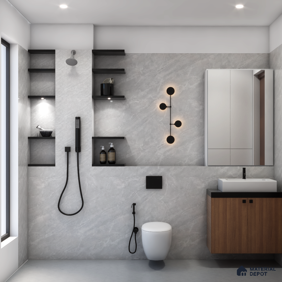 Modern grey-themed bathroom with black fittings: Sleek serenity and contemporary elegance in a spacious, stylish oasis.