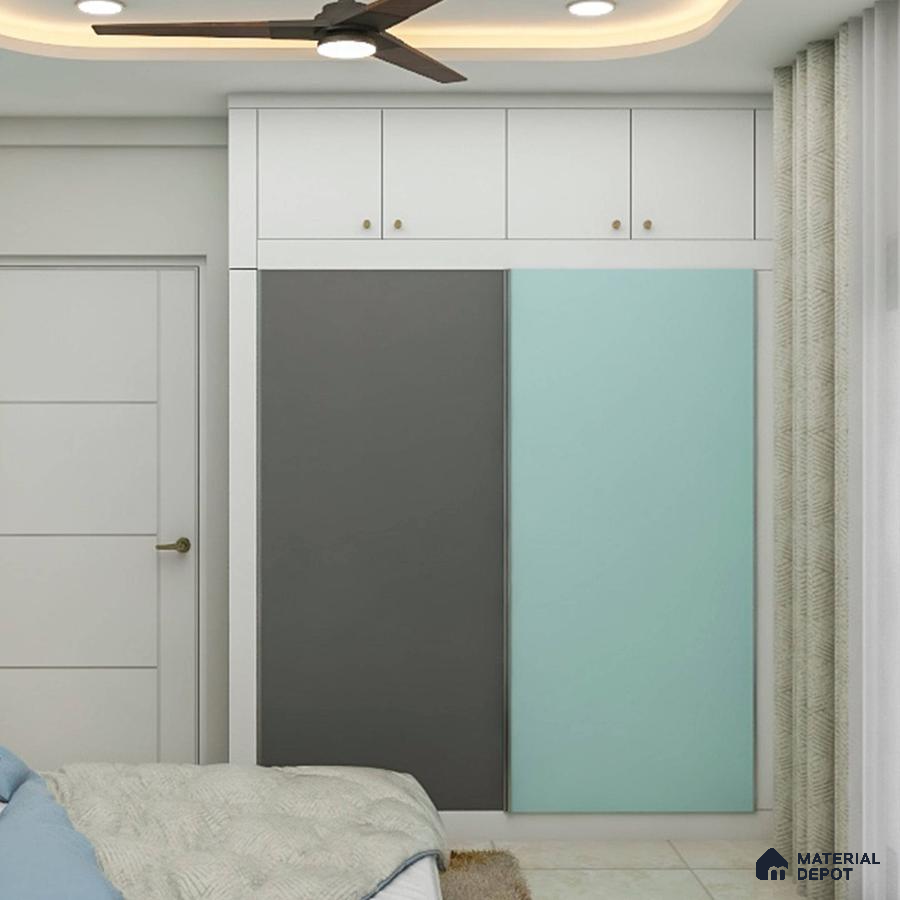 Chic light blue and grey 2-door sliding wardrobe with drawers, optimizing bedroom storage elegantly.