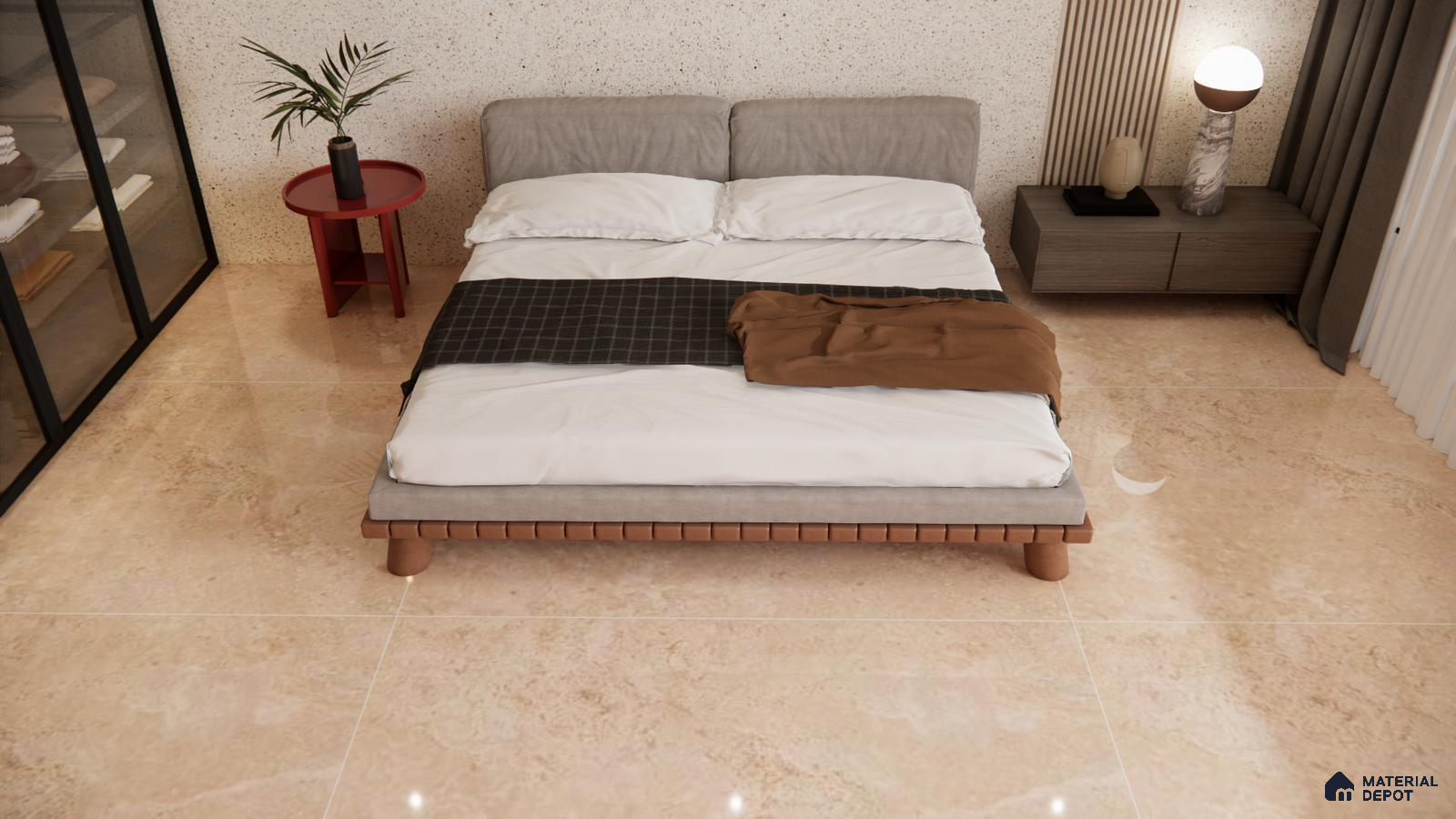 Soft Beige Marble Look Tiles in a Minimalist Cozy Bedroom | Material Depot