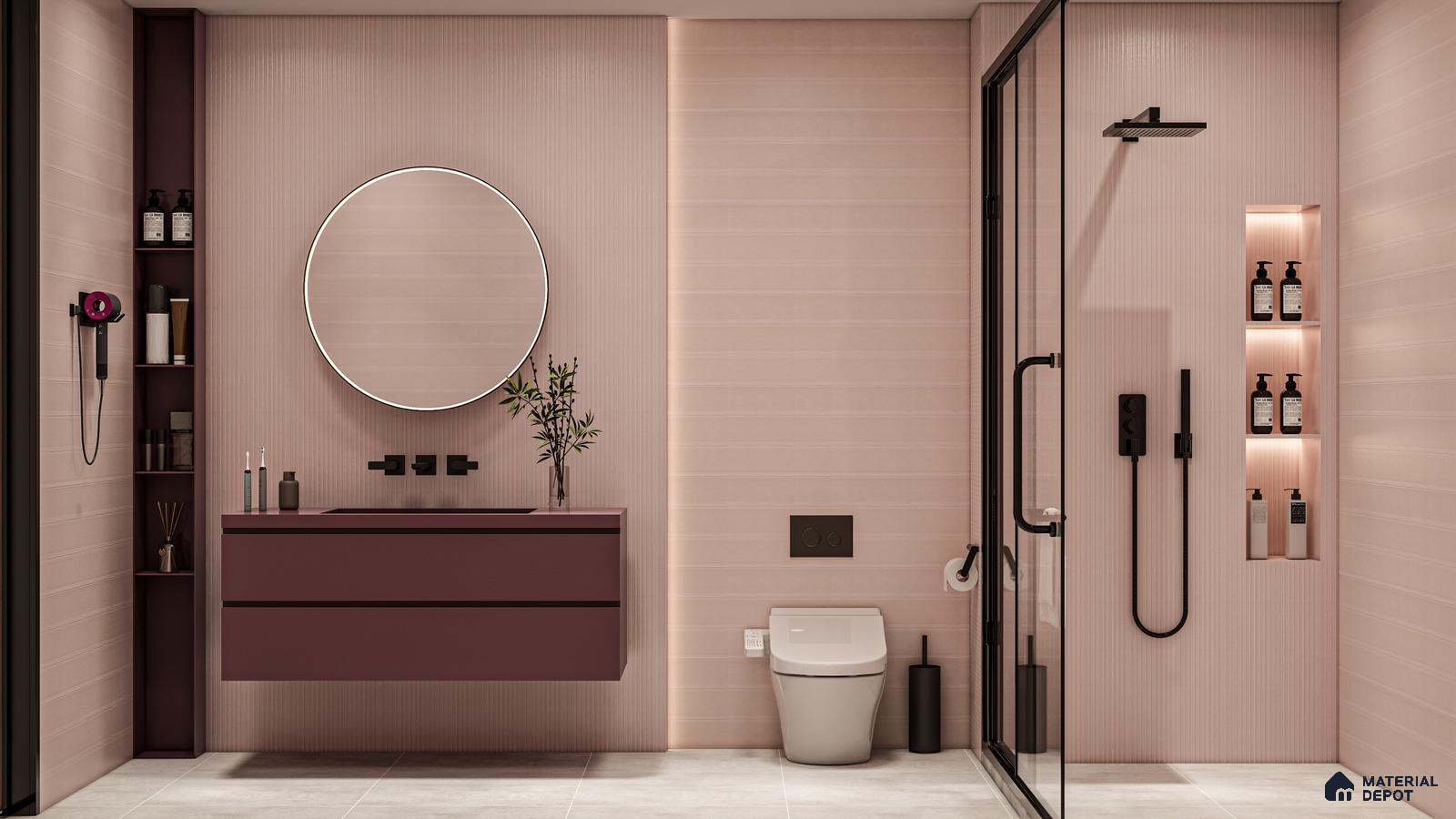 Soft Blush Fluted Tiles in a Modern Minimalist Bathroom | Material Depot