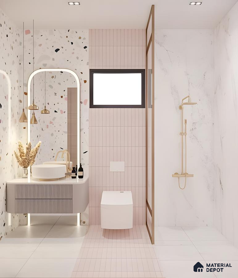 Soft Glam Bathroom With Pink Tiles, Terrazzo & Marble Accents | Material Depot