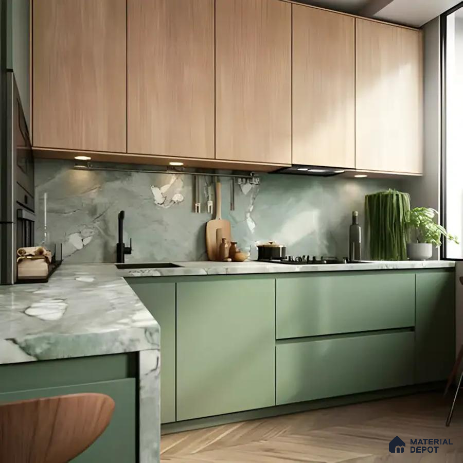 Soft Green and Marble Finish Kitchen Design | Material Depot