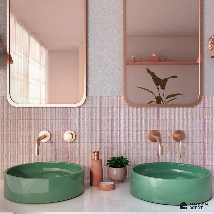 Soft Pastel Bathroom Highlighting Dual Green Sinks and Rose Gold Fixtures | Material Depot