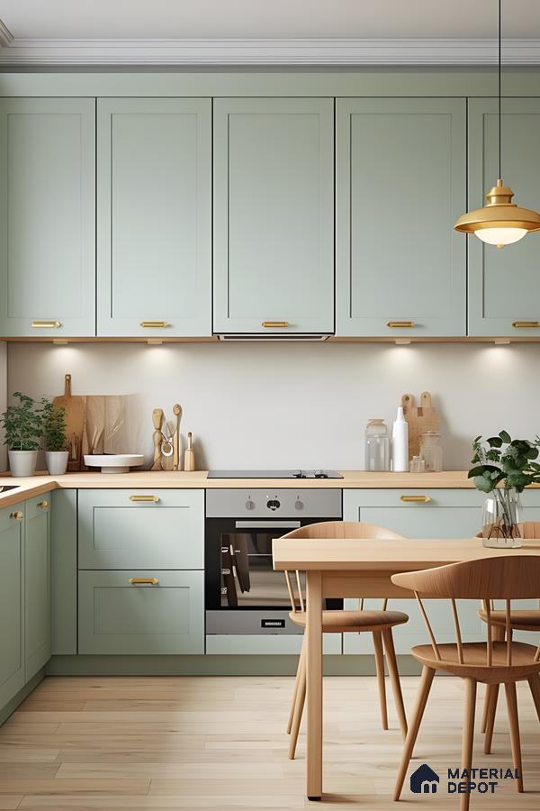 Soft Pastel Green Kitchen With Golden Handles And Light Wood Accents | Material Depot