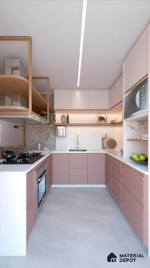 Soft Rose Modular Kitchen With Stone Cladding And Minimal Brass Detailing | Material Depot
