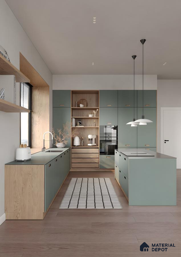 Soft Sage And Wood Harmony In A Modern U-Shaped Kitchen | Material Depot