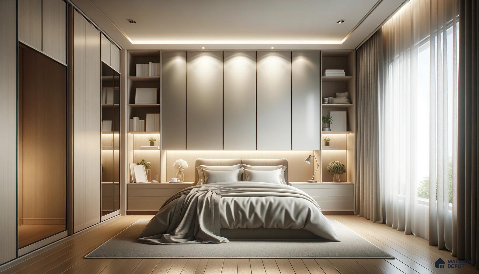 Soothing Bedroom Sanctuary with Harmonious Design and Soft Illumination | Material Depot