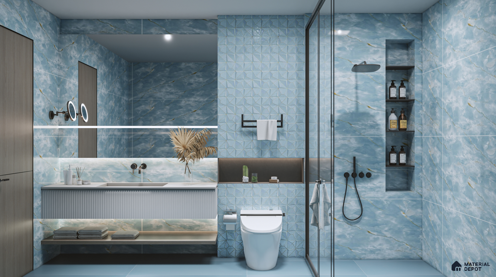 Soothing Sky Blue Bathroom with Textured and Marble Effect Tiles | Material Depot