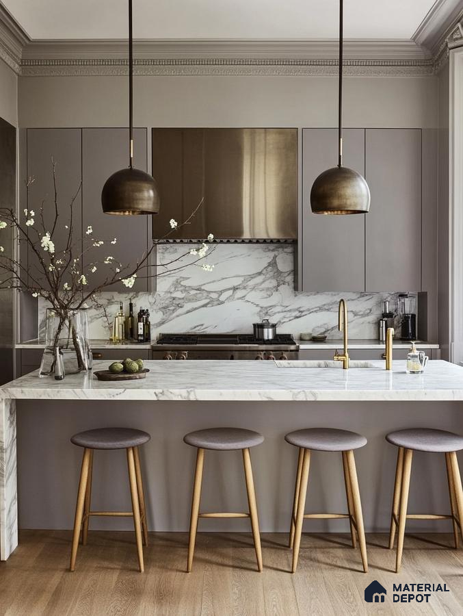 Sophisticated Gray and Marble Kitchen with Classic Design Elements and Brass Accents | Material Depot