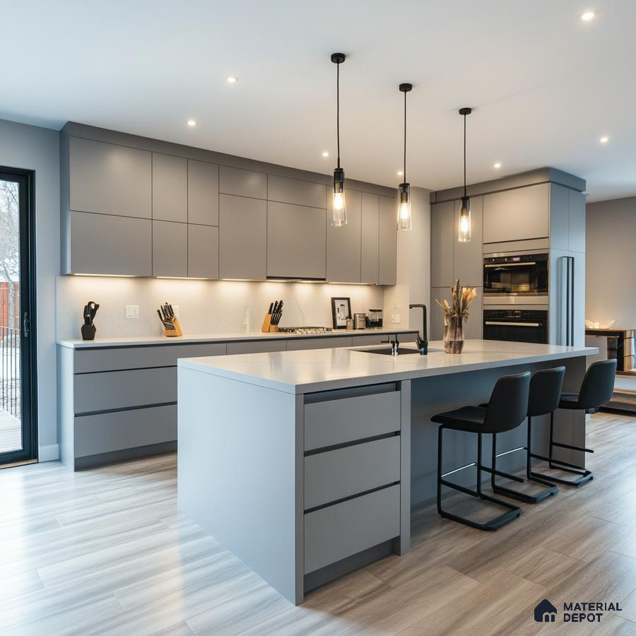 Sophisticated Grey: A Modern Kitchen's Sleek Design Featuring Stylish Island and Pendant Lighting | Material Depot