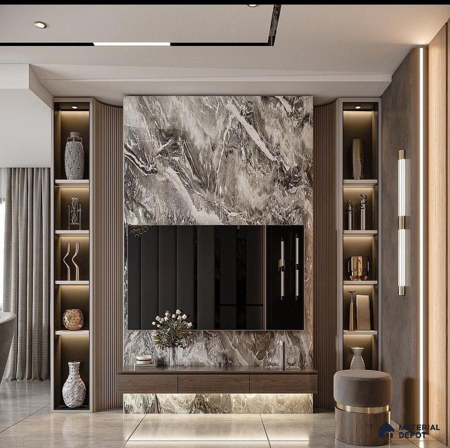 Sophisticated Living Room with Dramatic Marble TV Unit | Material Depot