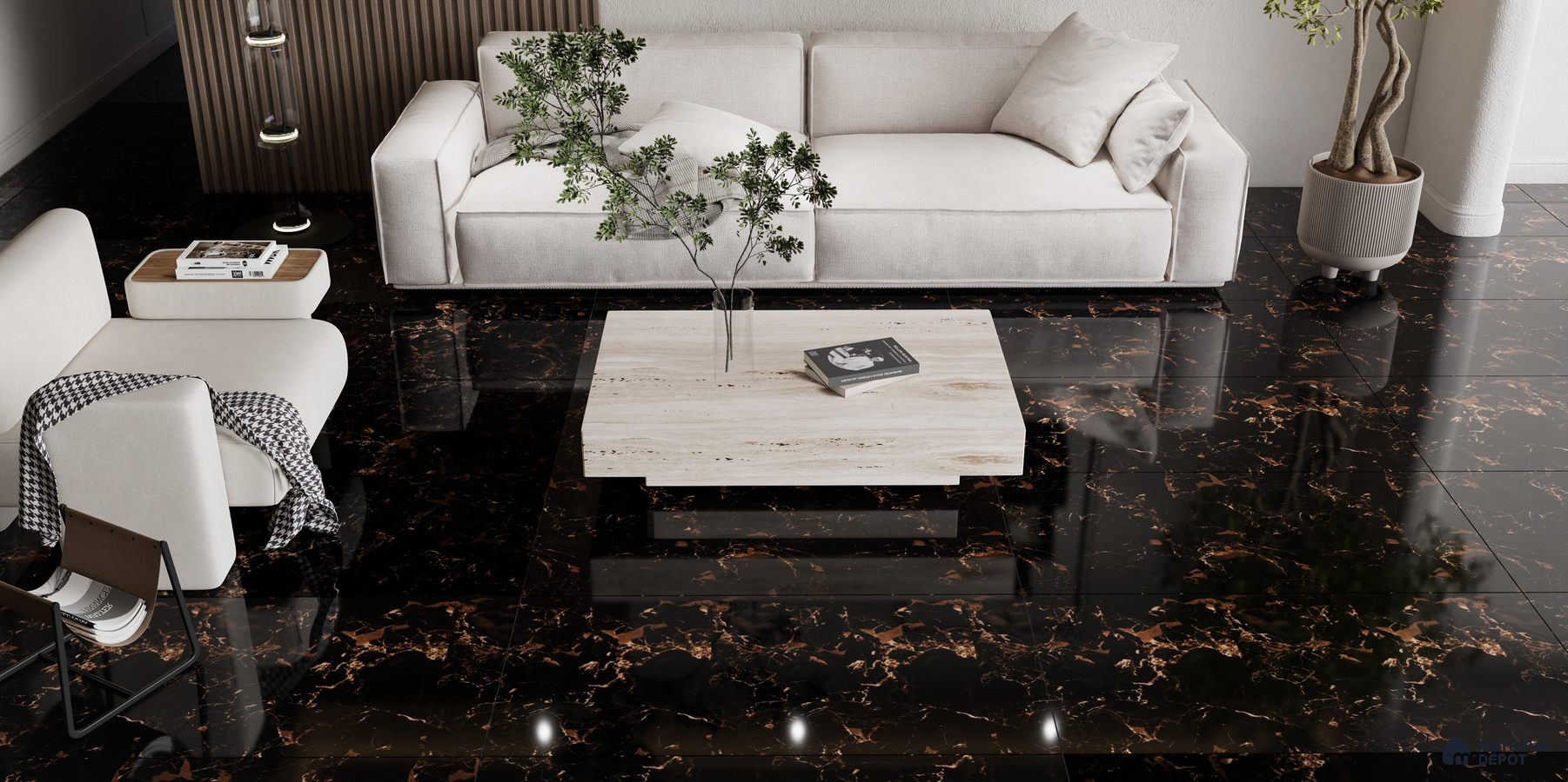 Sophisticated Living Room with Glossy Black Marble Flooring and Elegant Minimalist Decor | Material Depot