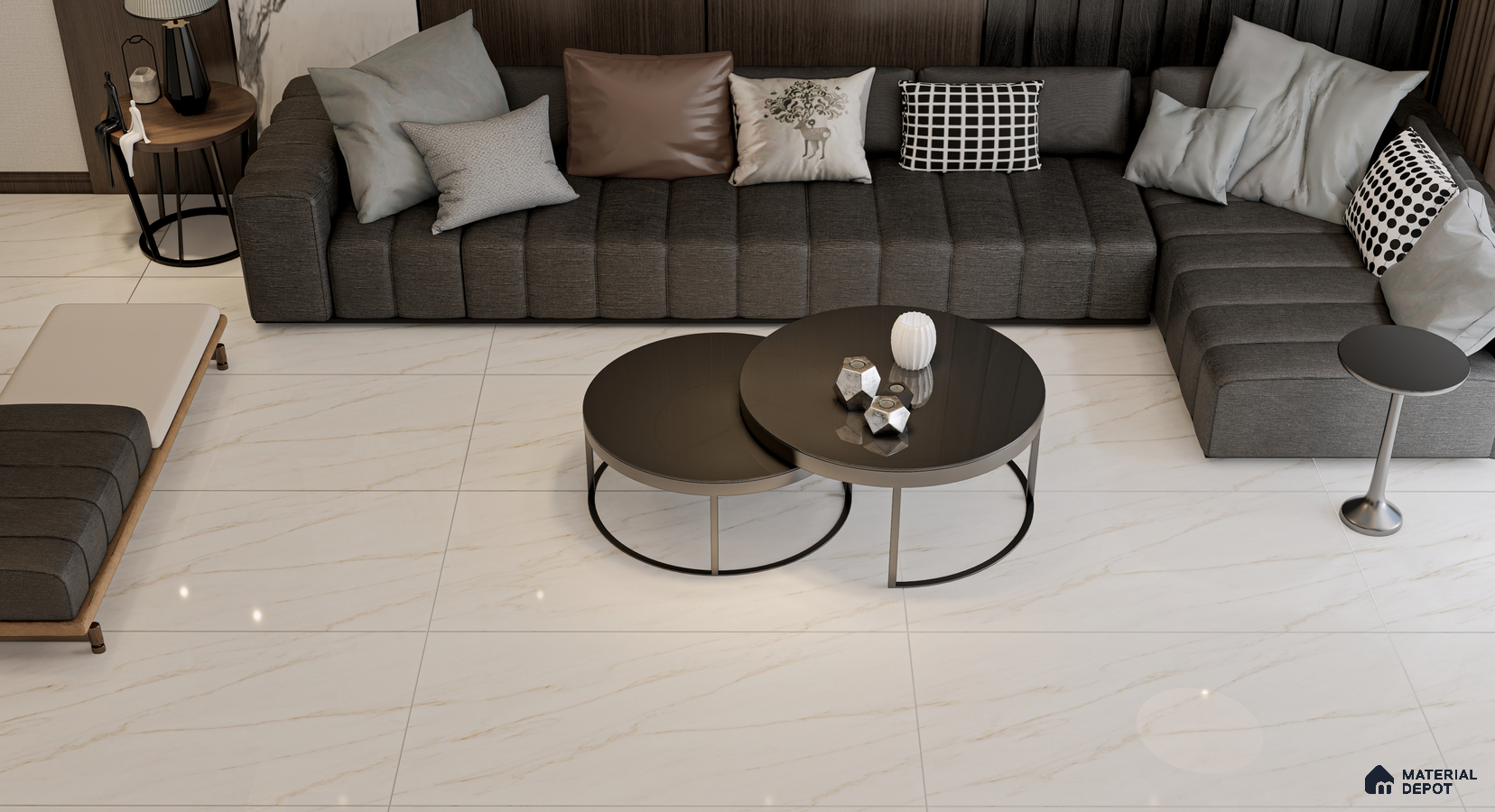 Sophisticated Living Room with White Marble Flooring and Dark Grey Furniture | Material Depot