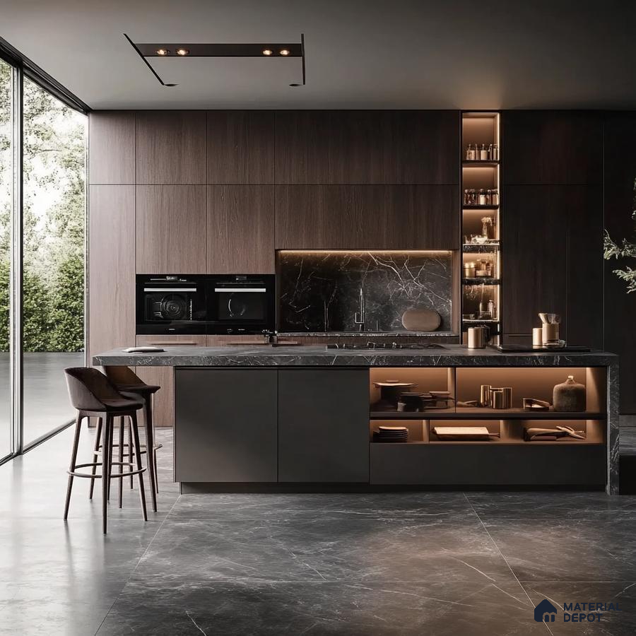 Sophisticated Modern Kitchen with Integrated Wood and Marble Accents, Designer Lighting, and a Panoramic View | Material Depot