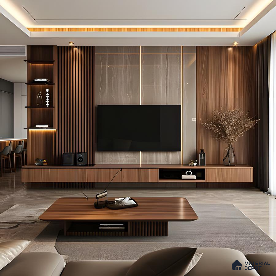 Sophisticated Modern TV Unit With Wooden Accents | Material Depot
