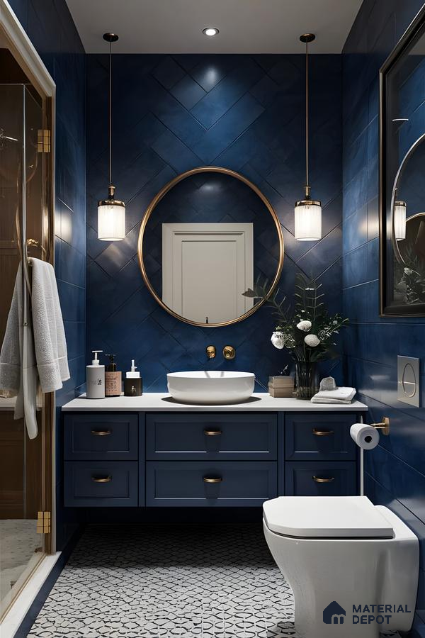 Sophisticated Sanctuary: A Modern Bathroom with Navy Blue Tiles | Material Depot