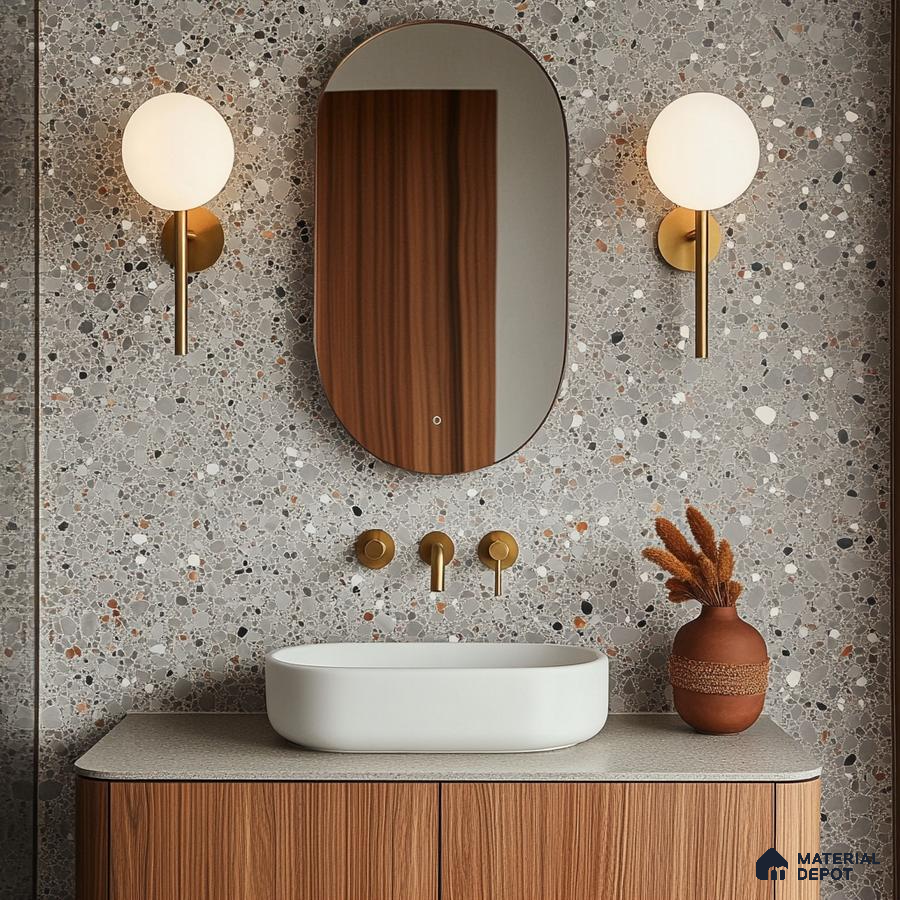Sophisticated Terrazzo Bathroom with Golden Accents and Wooden Vanity | Material Depot