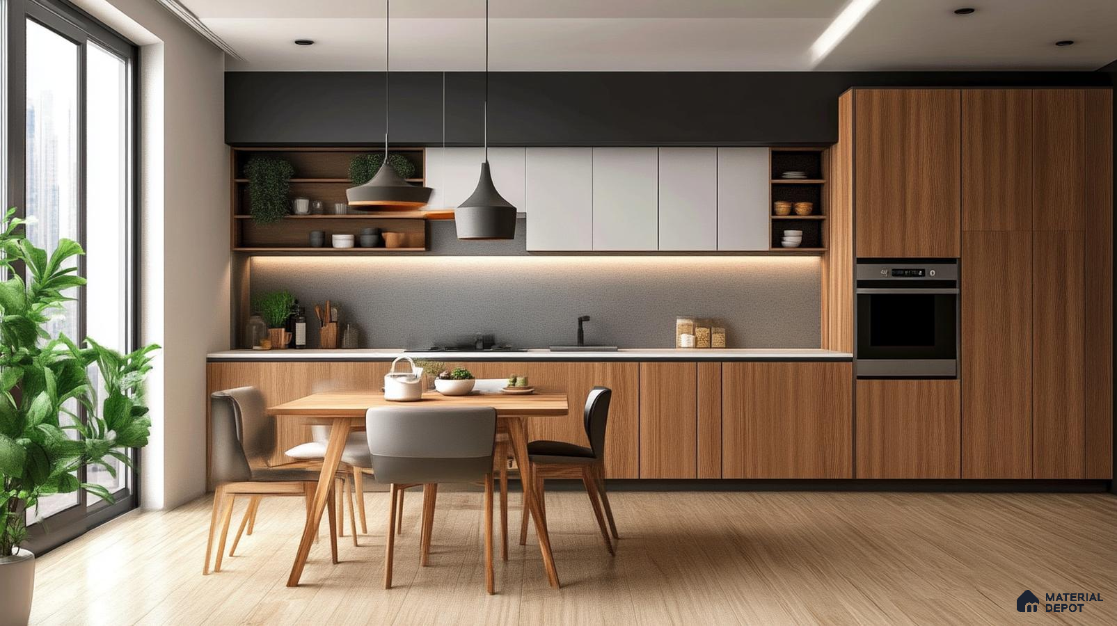Sophisticated Urban Kitchen with Marble Backsplash and Neutral Toned Cabinetry | Material Depot