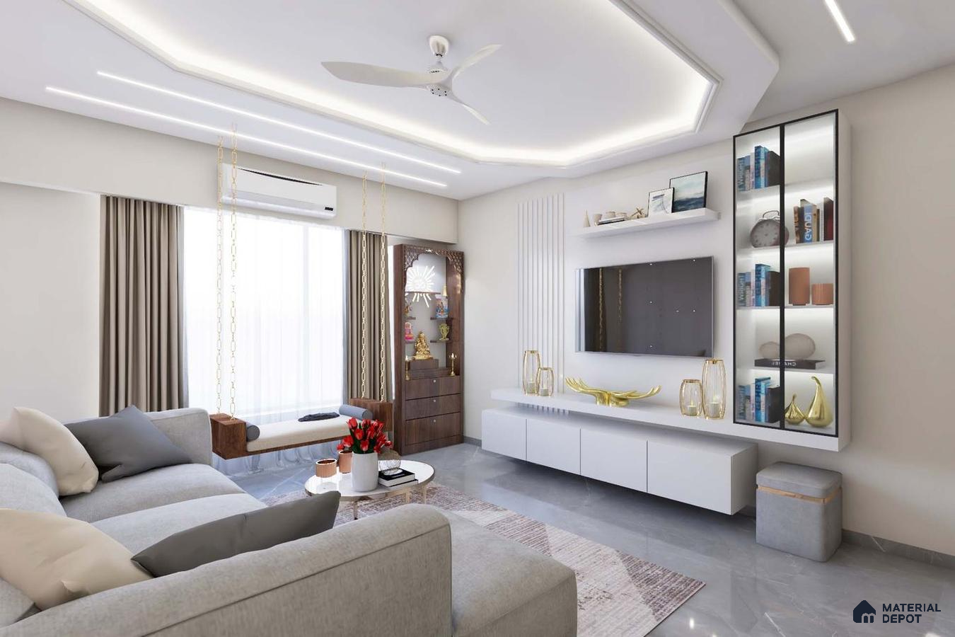 Room with a gray sofa, a white coffee table, and a white and gold entertainment unit with a mirror and shelves