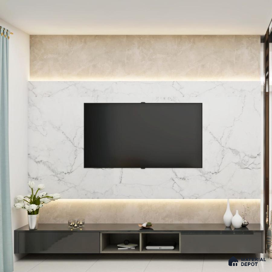 Compact TV Unit with Layered Backdrop Wall.
