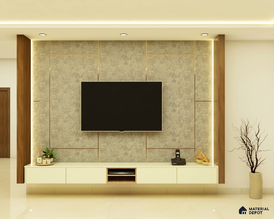 Convenient modern living room with spacious design and warm, golden lights