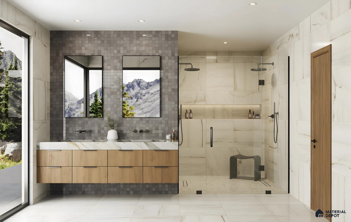Spacious Bathroom Design with Square tile Backsplash and Wooden Cabinets Vaishnavi Oasis JP Nagar | Material Depot