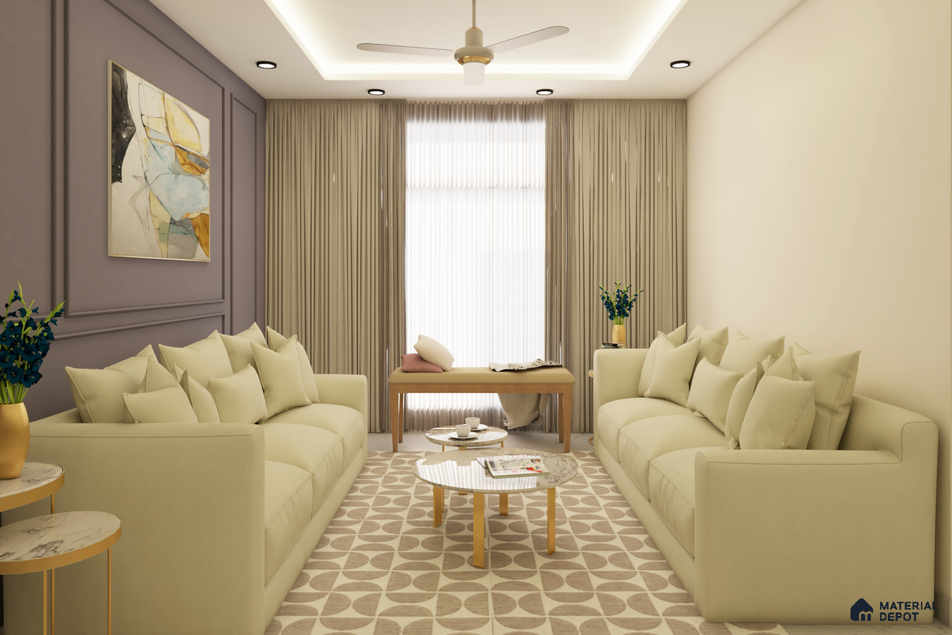 Modern, spacious living room with stylish yellowish sofa sets and scenic window view