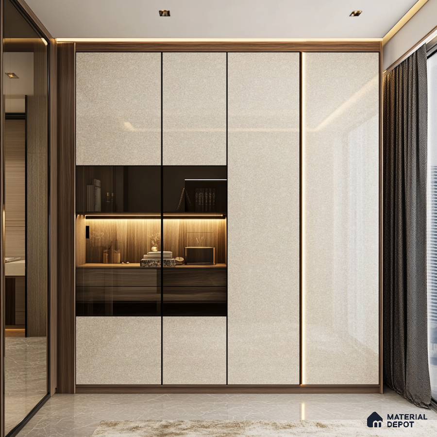 Sparkling Ivory Gloss Laminate Wardrobe with Wood Accents in Modern Bedroom | Material Depot