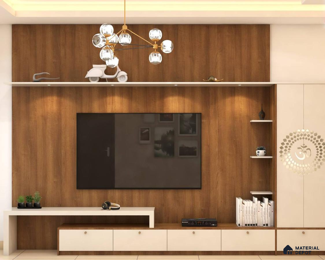 Elegant Wooden-Paneled TV Unit with Spotlights