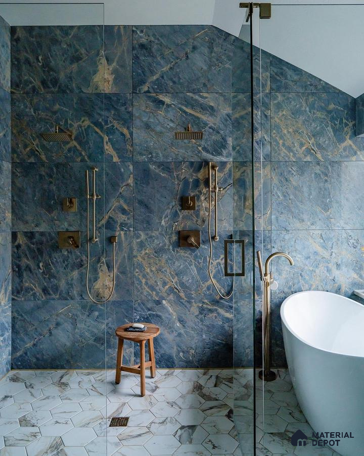 Bathroom with blue marble tiles