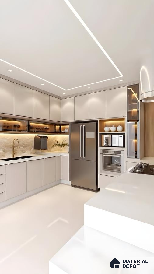 Streamlined Elegance: A Bright, Seamless Modular Kitchen With Smart Storage & Ambient Glow | Material Depot