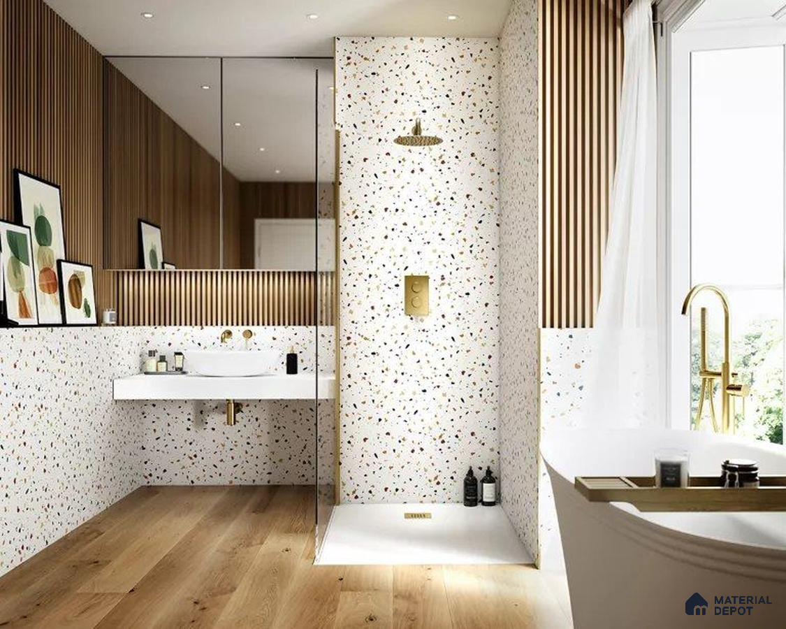 Stylish and Contemporary Bathroom Design Featuring Terrazzo Walls and Elegant Gold Accents | Material Depot