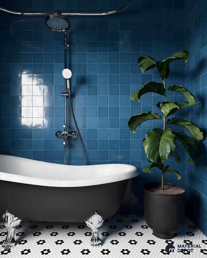Stylish Bathroom Design Design Featuring Blue Walls and Patterned Floor Prestige Glenbrook Whitefield | Material Depot