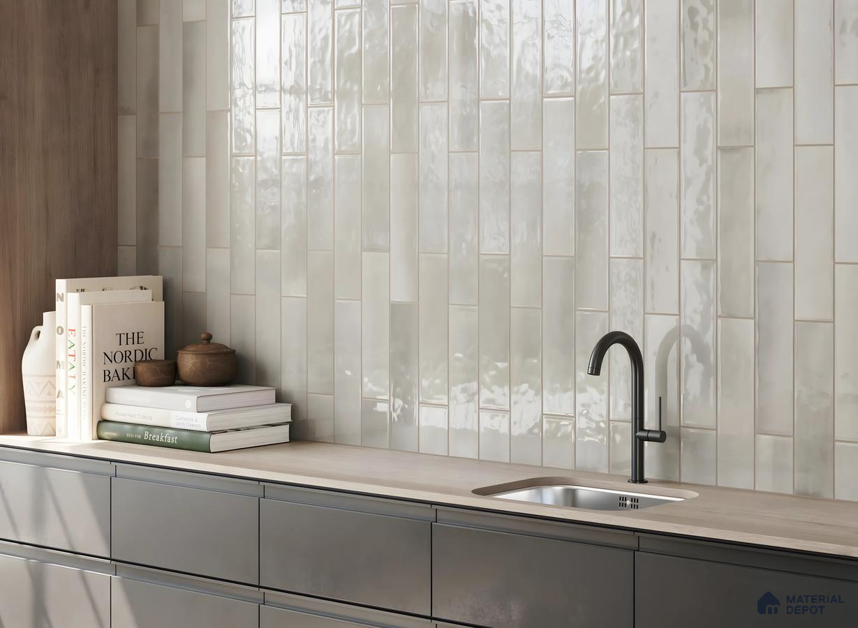 Stylish Bathroom Design Design Featuring Grey Walls and Vertical Glossy Tiles Assetz Earth & Essence Hosahalli | Material Depot