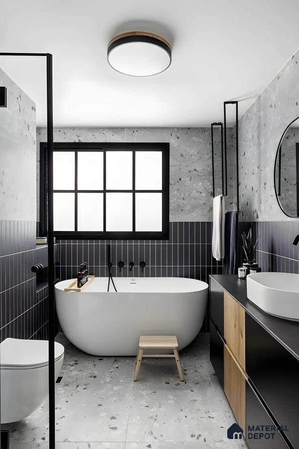 Stylish Bathroom Design with Terrazzo Tile and Black Accents Shriram Chirping Grove Sarjapur Road | Material Depot