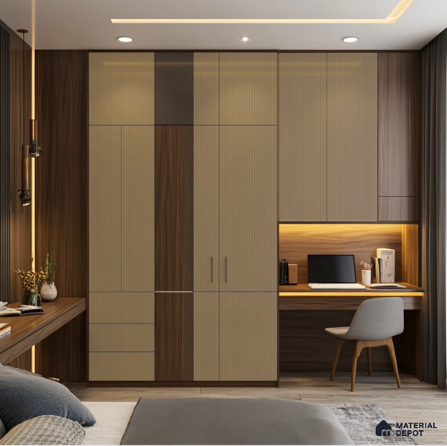 Stylish Bedroom Wardrobe with Fluted Acrylic Panels and Study Nook | Material Depot