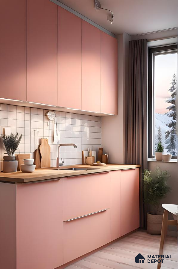 Stylish Kitchen Featuring Pink Laminate Cabinets And Wooden Elements | Material Depot