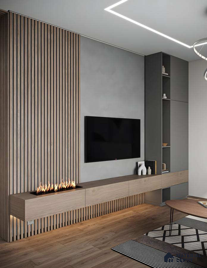 Stylish TV Unit with Wood-Paneled Accent Wall and Electric Fireplace | Material Depot