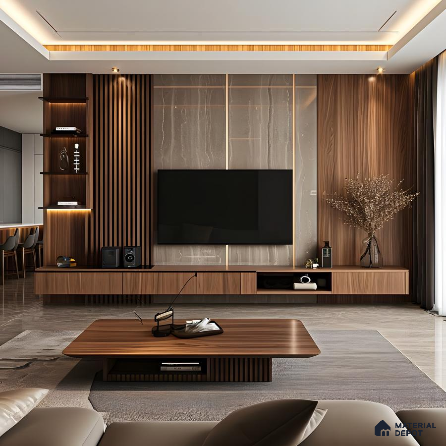 Stylish TV Unit with Wood-Paneled Accent Wall and Marble Accents | Material Depot