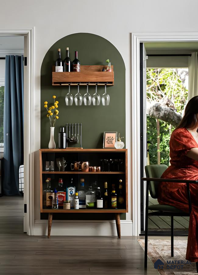 Stylish Mid-Century Modern Home Bar with Green Accent Wall | Material Depot