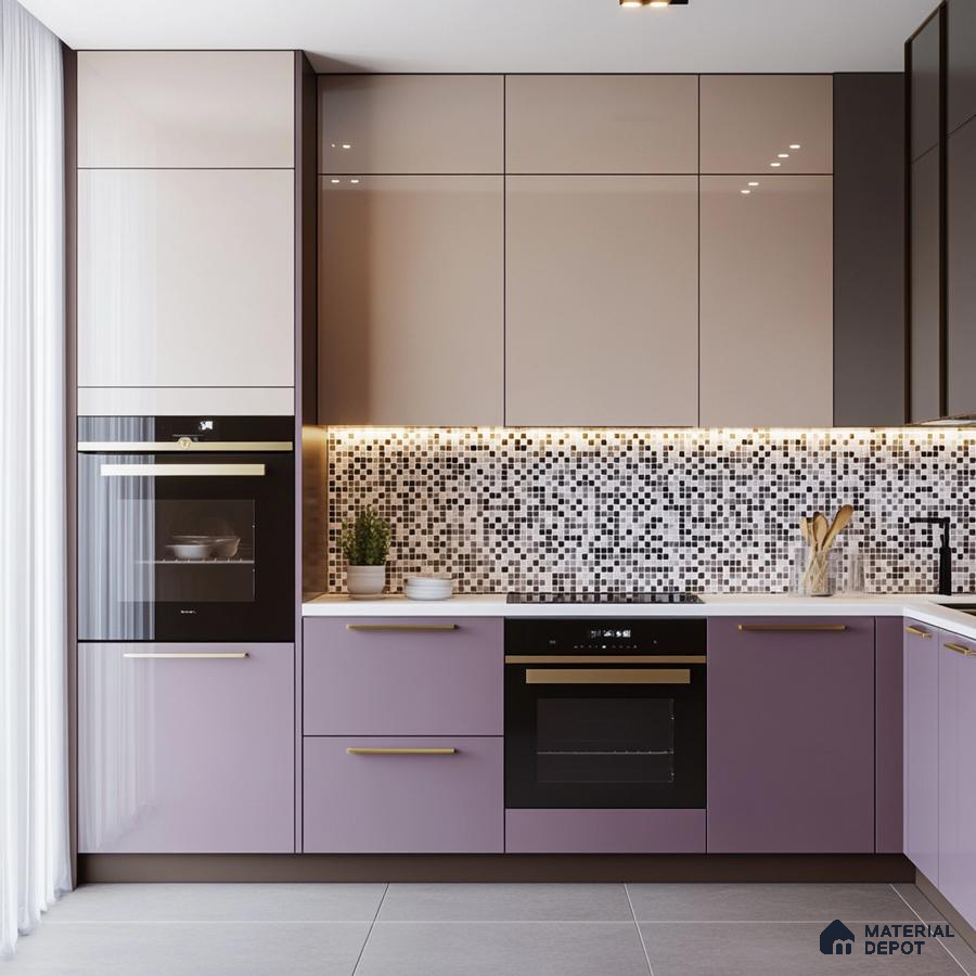 Stylish Modern Kitchen in Lavender and White with Mosaic Tile Backsplash | Material Depot